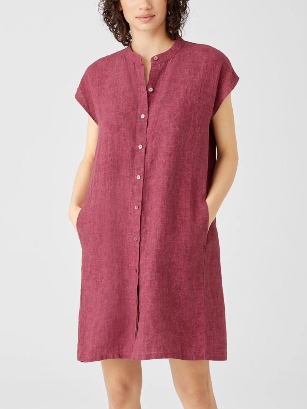 Eileen Fisher Washed Organic Linen Delave Mandarin Collar Shirt Dress